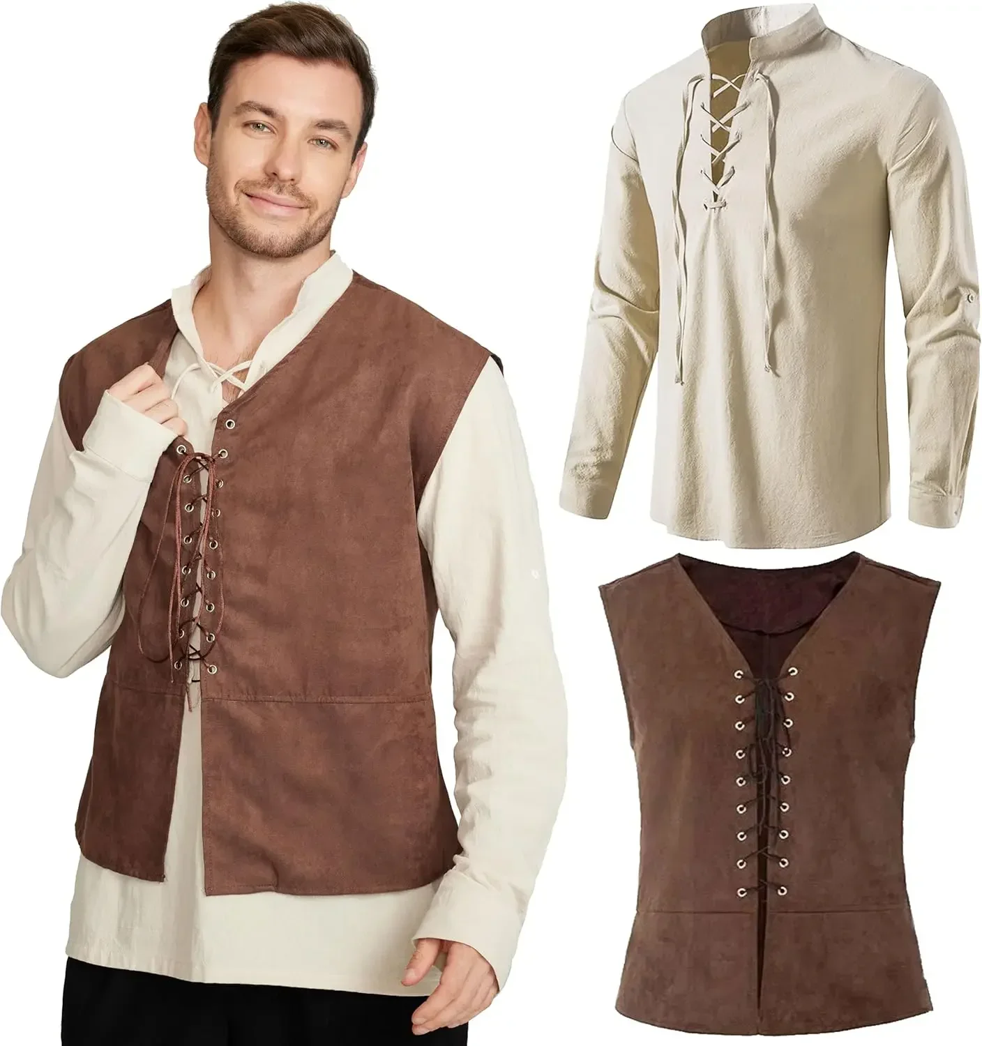 Medieval Gothic Lace Up Pirate Shirt - Комплект из 2 предметов: мужской средневековый
